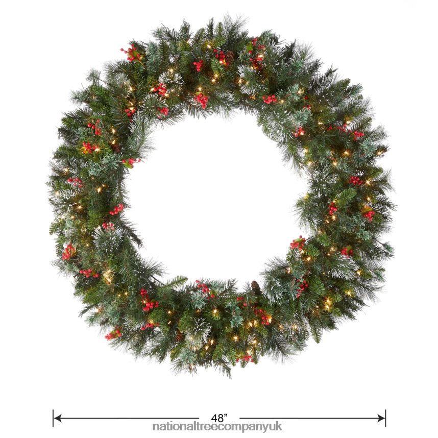 Greenery | National Tree Company Pre-Lit Artificial Christmas Wreath Green Wintry Pine White Lights Decorated with Pine Cones Berry Clusters Frosted Branches Christmas Collection 48 Inches F2L